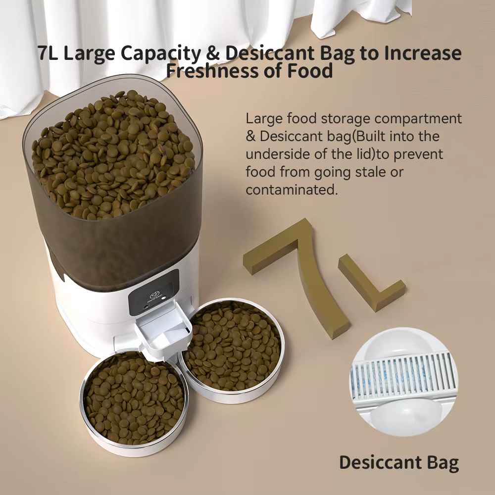 Double Bowl Automatic Cat Feeder 7L 1080P HD Night Vision-Wifi Timer Quantity-Automatic Pet Food Dispenser with Preservation