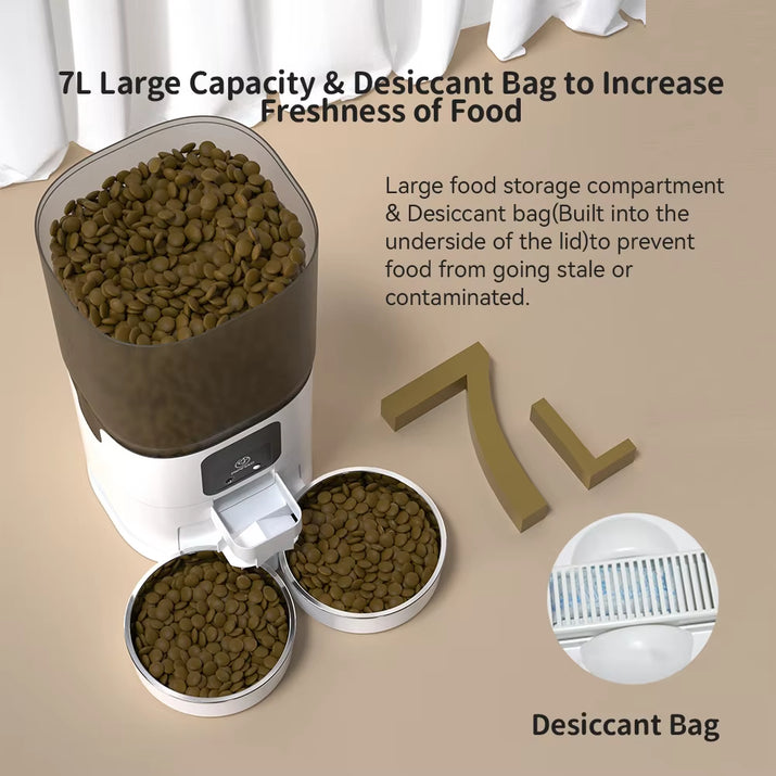 Double Bowl Automatic Cat Feeder 7L 1080P HD Night Vision-Wifi Timer Quantity-Automatic Pet Food Dispenser with Preservation