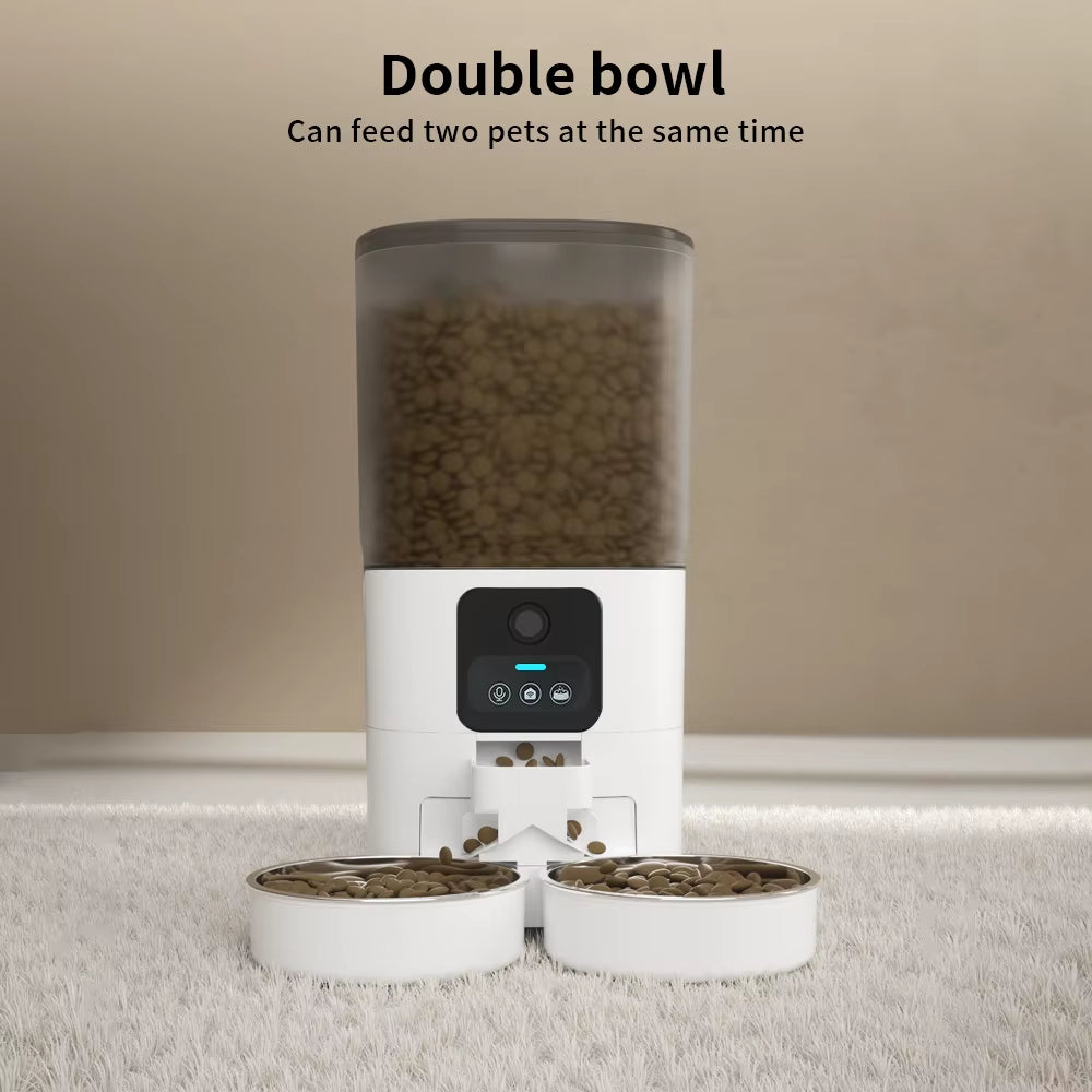 Double Bowl Automatic Cat Feeder 7L 1080P HD Night Vision-Wifi Timer Quantity-Automatic Pet Food Dispenser with Preservation